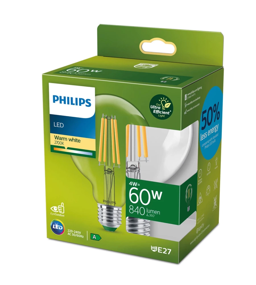 Lampadina a led philips trasparente luce calda 60w 2700k, e27